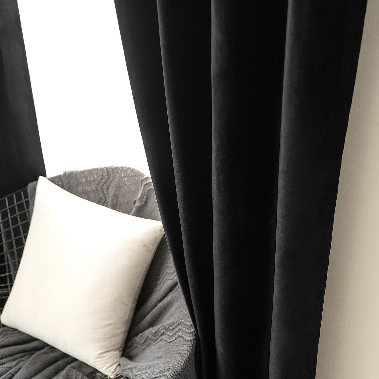 MIULEE Black Velvet Curtains 84 Inches Long Halloween Room Darkening Blackout Curtains with Grommet Top for Bedroom/Living Room Light Blocking Thermal Insulating Soundproof Set of 2