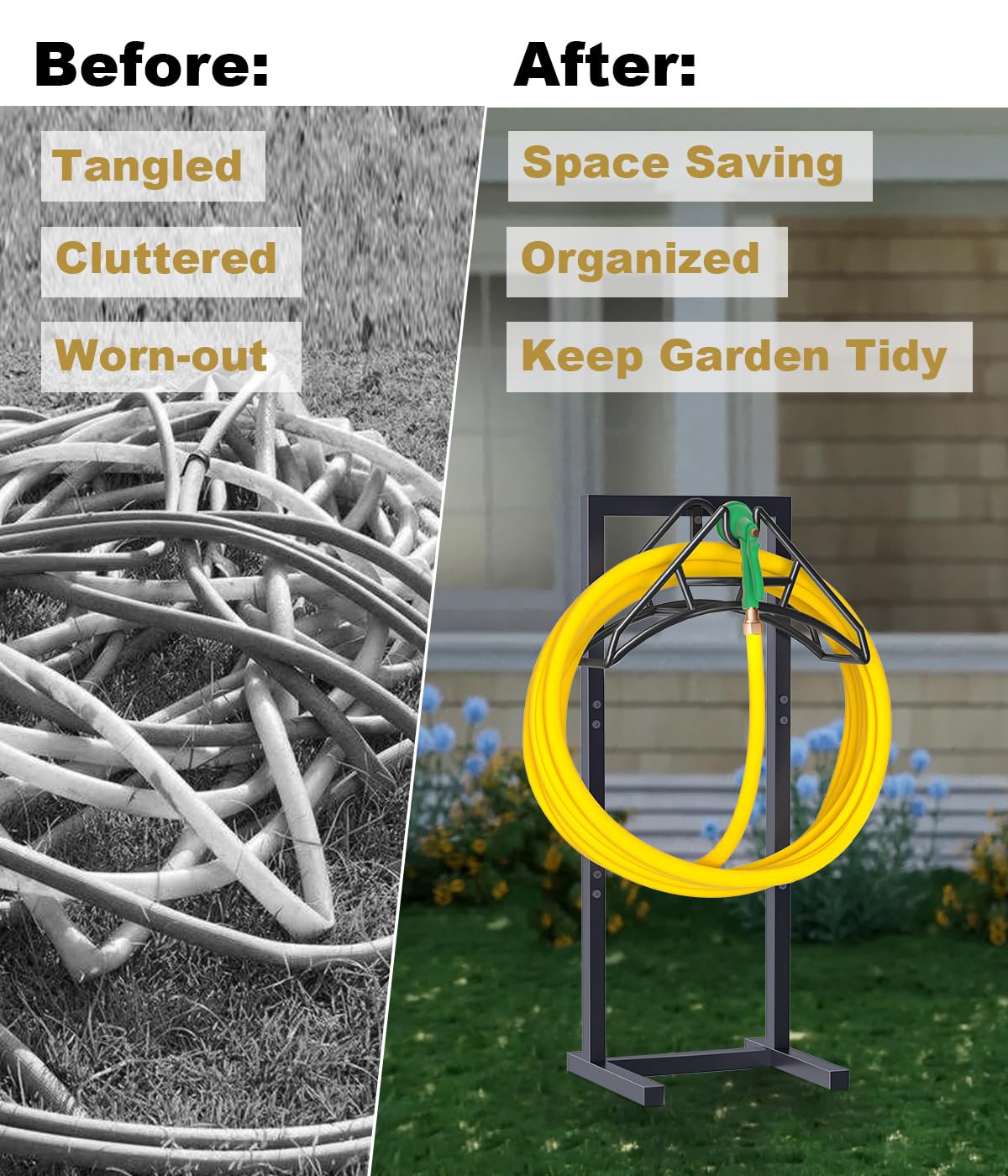 Artigarden Outdoor Garden Hose Holder Freestanding with 4 Spikes, Heavy Duty Metal Water Hose Reel Stand Hanger Rack Organizer Holds Storage 150ft Hose for Outside Yard Lawn, Black