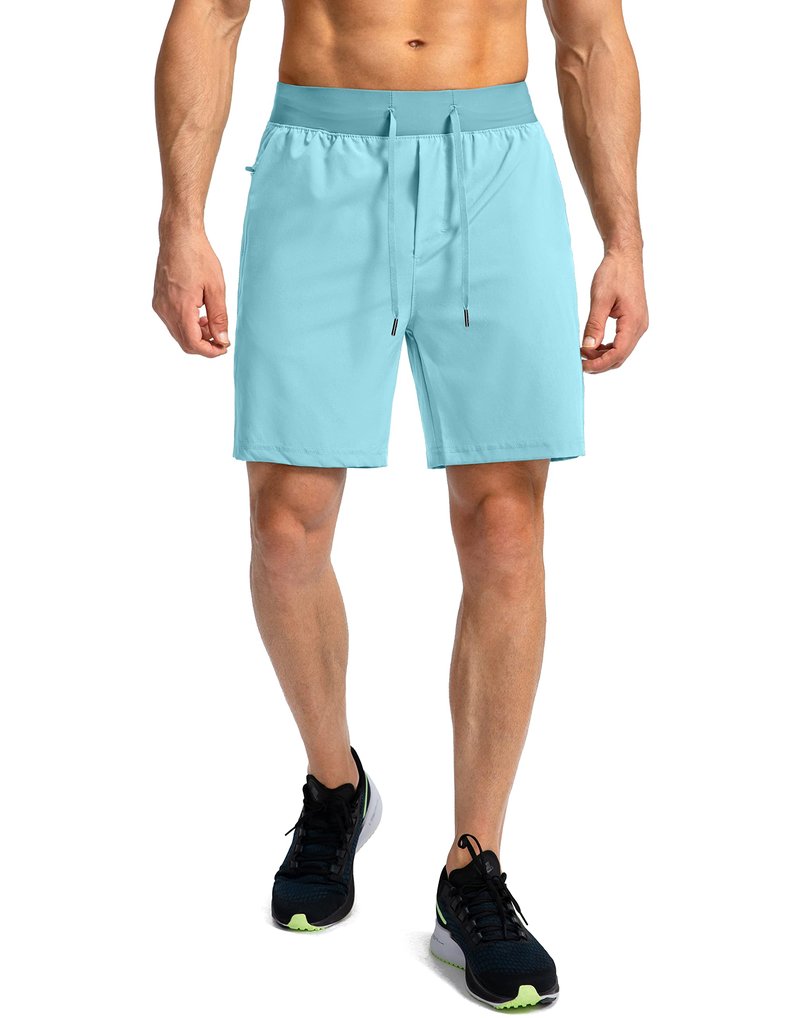 Soothfeel Men's Running Shorts with Zipper Pockets 7 Inch Lightweight Quick Dry Gym Athletic Workout Shorts for Men (Light Blue, 3XL)