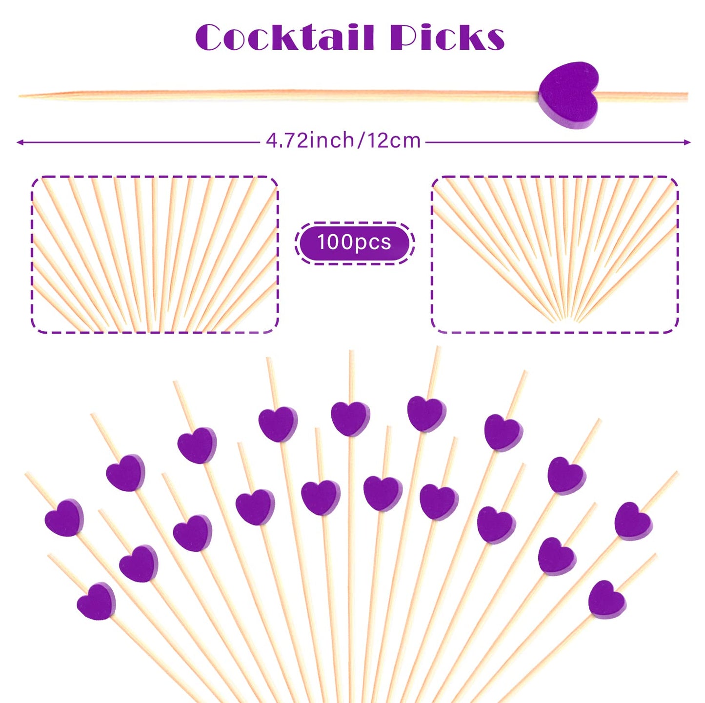 100pcs Red Heart Cocktail Picks 4.7" Long Fruit Sticks Food Toothpicks Sandwich Appetizer Charcuterie Skewers, Handmade of Bamboo Wood, for Birthday, Wedding, Valentines Day Decoration Party Supplies