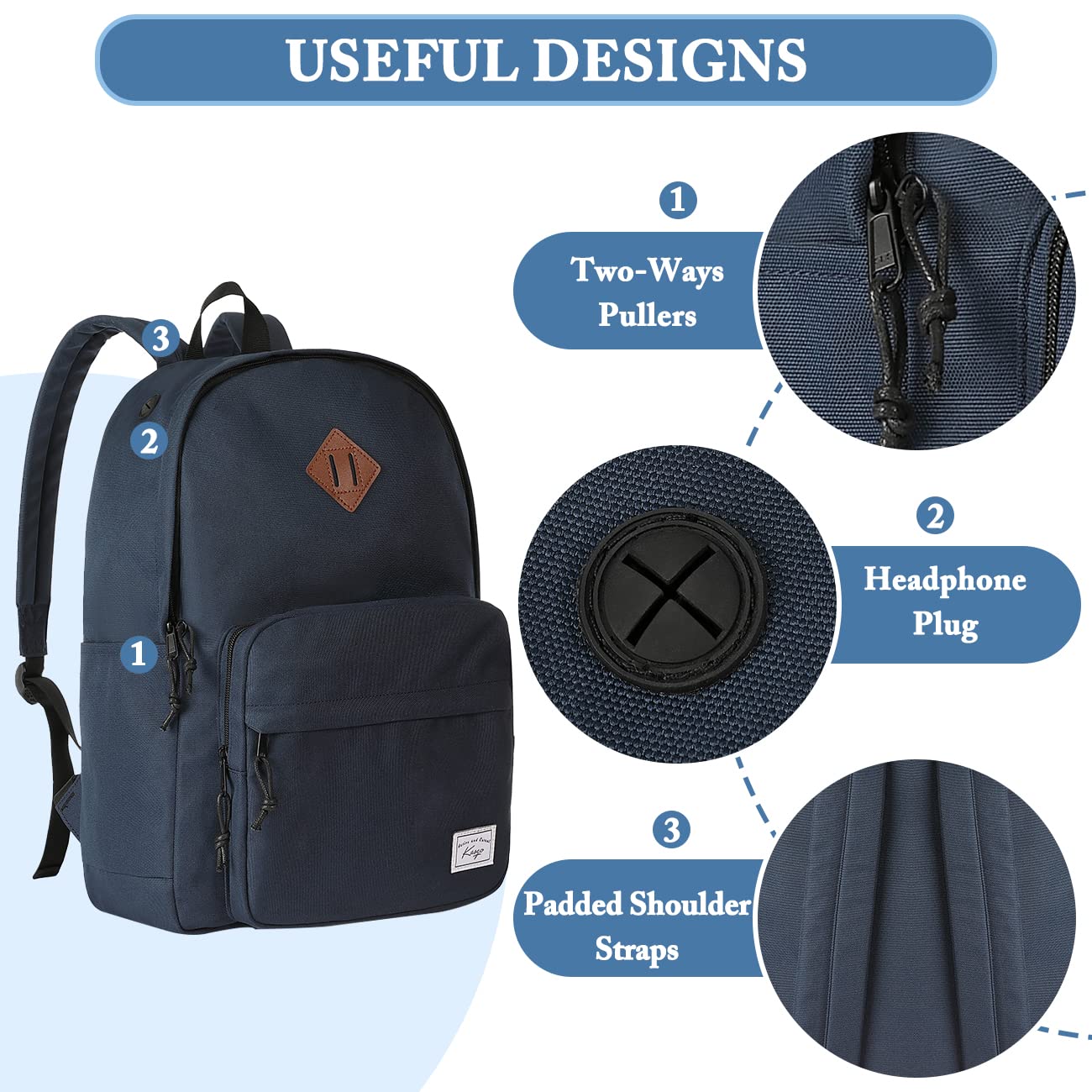 Kasgo School Backpack, 15.6 Inch Classic Lightweight Water-Resistant Rucksack Backpack for Men Women Teens Girls Boys Kids to School, College, Travel, Work, Sapphire Blue