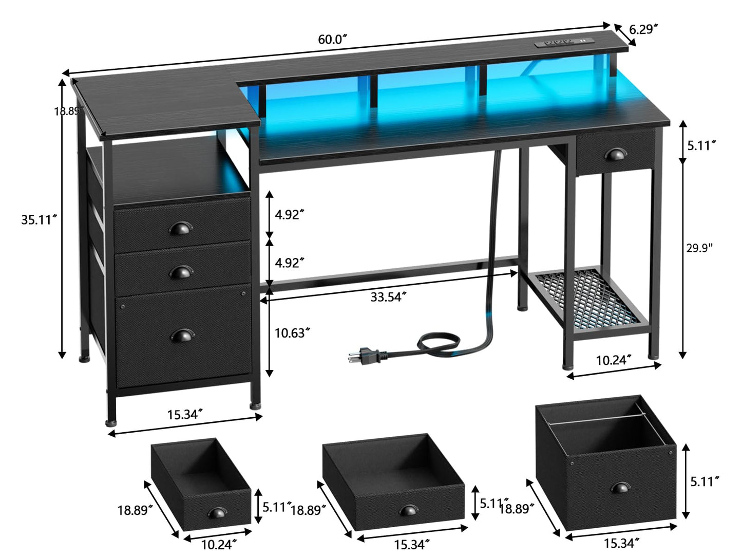 Furologee Black Computer Desk with 4 Drawers, 60" Long Office Desk with Fabric File Cabinet and Power Outlets, Gaming Desk with LED Lights, Study Writing Work Desk for Home Office
