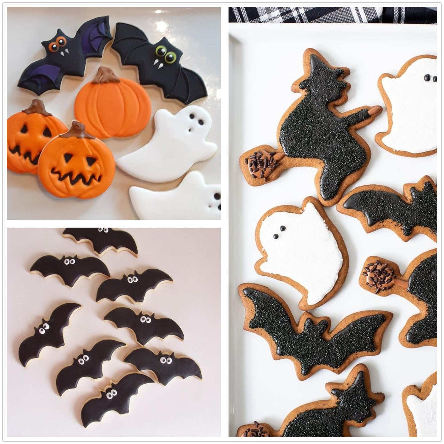4PCS Large Halloween Cookie Cutters, Stainless Steel Metal Molds Pumpkin, Bat, Ghost, Wich's Hat Cookie Cutters with Decorating Instructions