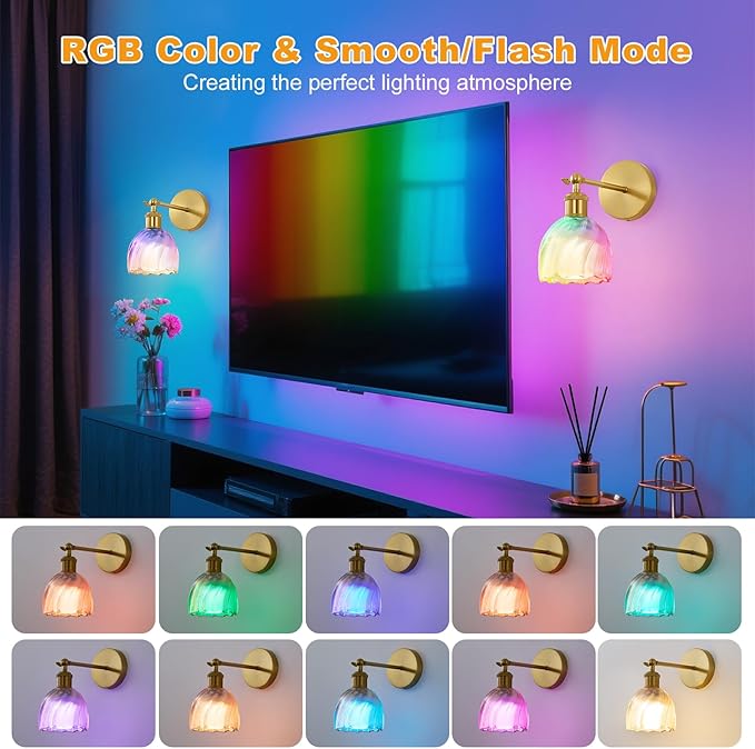 Vintage Battery Powered Cordless Wall Sconce Set of 2, Battery Wall Sconce with Amber Tulip Glass Lampshade, Rechargeable Battery Powered Wall Lights with Remote Control for Bedside Bedroom Doorway