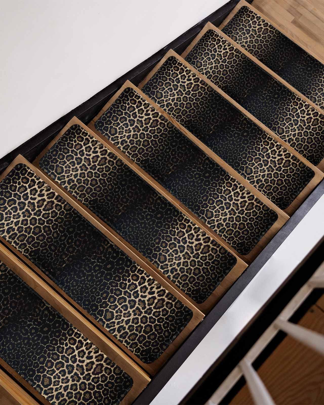 Leopard Print Stair Treads for Wooden Steps Indoor Runner Rug Carpet, Chic Abstract Black Brown Animals Texture 15 Pieces Peel and Stick Staircase Step Treads Covers Washable Throw Door Mats 30"x8"