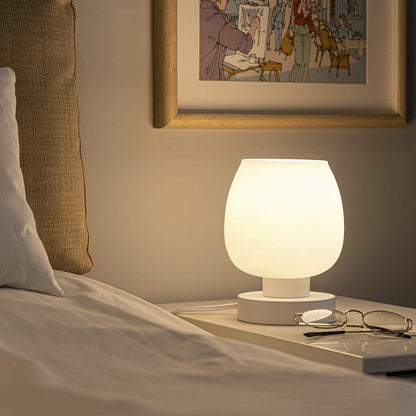 ONEWISH Modern Small Table Lamp - White Opal Glass Shade, Warm LED Bulb, 3-Way Dimmable, Touch Control, Indoor Use Only