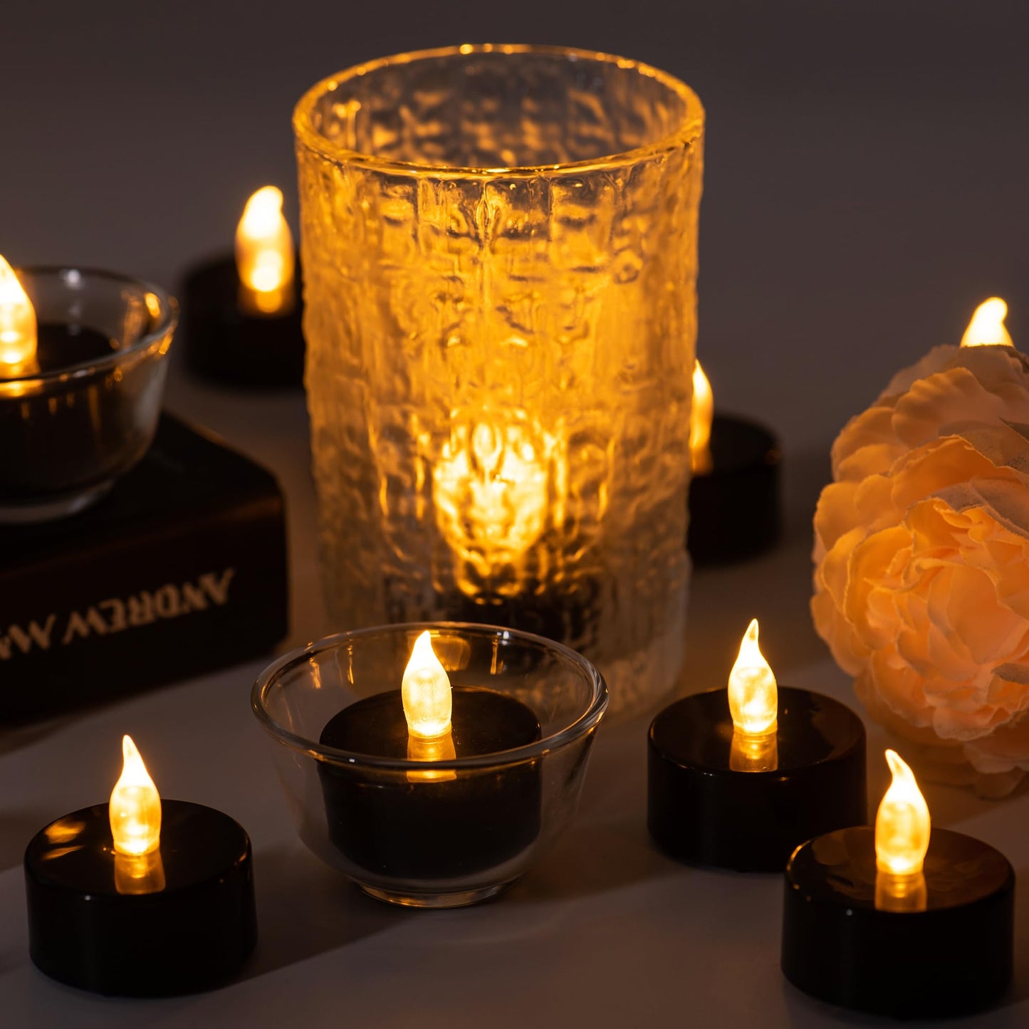Pandaing Lasts 2X Longer Black Flameless Tealight Candles, 40 Pack, Batteries Included, Realistic Tea Lights Candles, Flickering Bright Tealights, Battery Operated Candles for Halloween Decorations