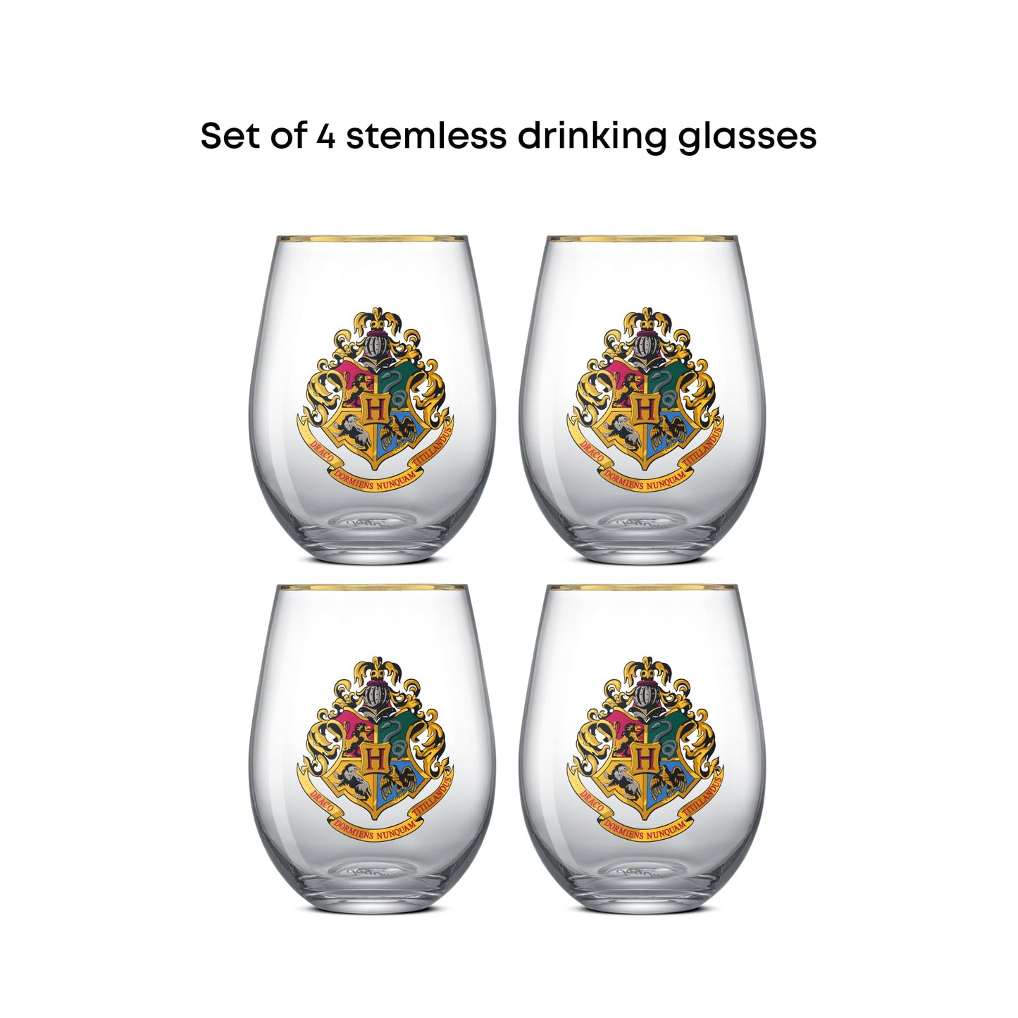JoyJolt Harry Potter Hogwarts Heritage Stemless Drinking Glasses, 19oz Glass Tumblers, Teardrop Glass Drinking Glasses Set of 4, Hogwarts Cup, Harry Potter Gifts for Adults