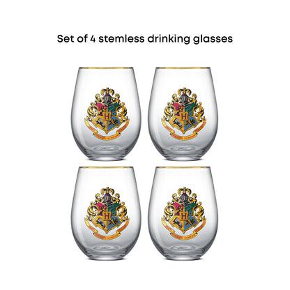JoyJolt Harry Potter Hogwarts Heritage Stemless Drinking Glasses, 19oz Glass Tumblers, Teardrop Glass Drinking Glasses Set of 4, Hogwarts Cup, Harry Potter Gifts for Adults