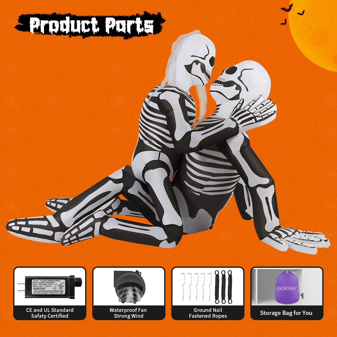 GOOSH 6.5 FT Long Halloween Inflatables Skeleton Outdoor Decorations Blow Up Yard Cuddling Couple Lovers with Built-in LEDs for Garden Lawn Indoor Party Decor