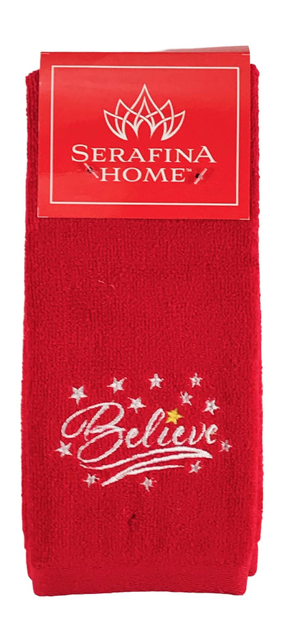 Decorative Christmas Theme Red Towel Set: Luxury Bathroom Fingertip Towels, Embroidered Believe Set of 2