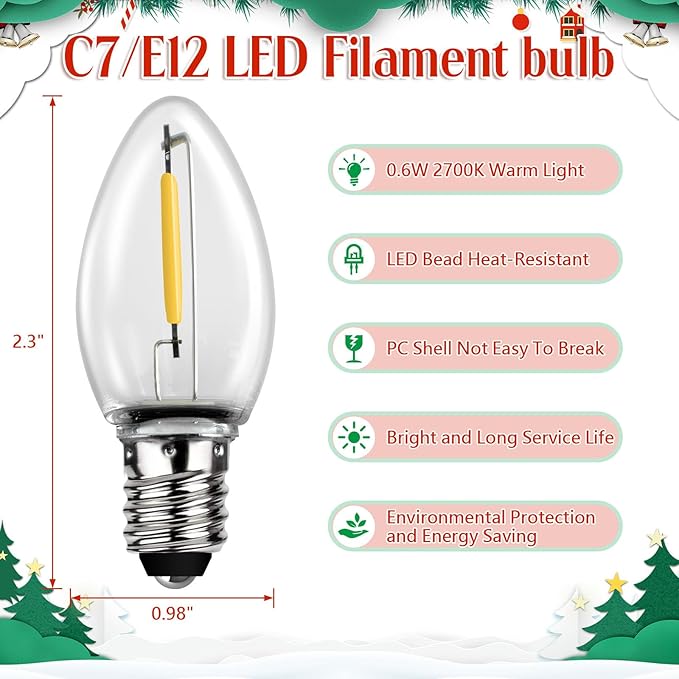 Accessory Cord with 9 LED Light Bulbs, 14.8ft Christmas Village Lights C7 Light Cord with Switch & 2 Fuse for Salt Lamp, Halloween Pumpkin, Xmas Village House Blow Mold