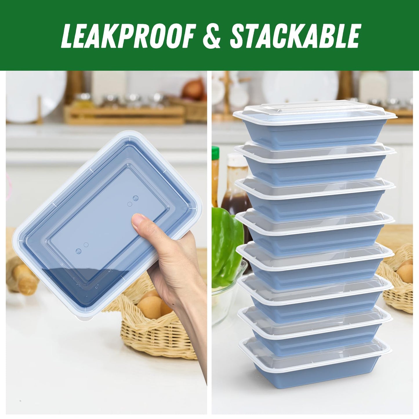 50 Pack (100-Piece) 32 oz Meal Prep Containers Reusable with Easy Open Lids, Sturdy Leakproof Food Safe, Microwave Freezer Dishwasher Safe, To Go Take Out Plastic Food Storage Pans with Lids, Blue
