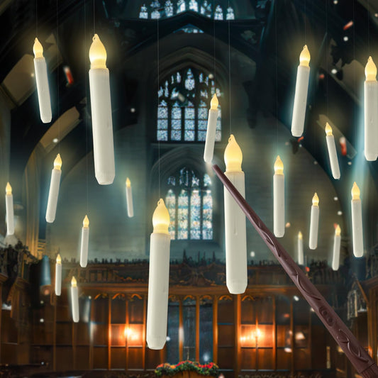 Homemory Hanging Floating Candles with Wand Remote and String, 12 Pcs Flying Flameless LED Taper Candles Warm White Light, Battery Operated Window Candles with Wand for Halloween Christmas Party