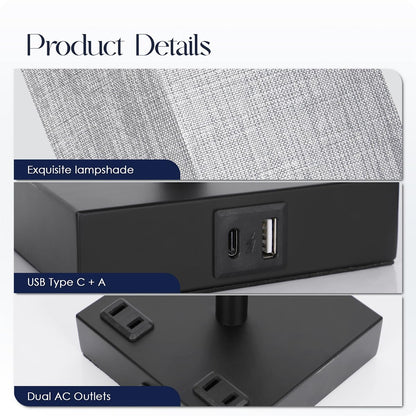 Bedside Table Lamps Set of 2 - Touch Nightstand Lamp for Bedroom with USB C+A Charging Ports & AC Outlets, 3-Way Dimmable Desk Lamp Grey Fabric Shade for Bedroom Living Room, Office(Bulb Included)