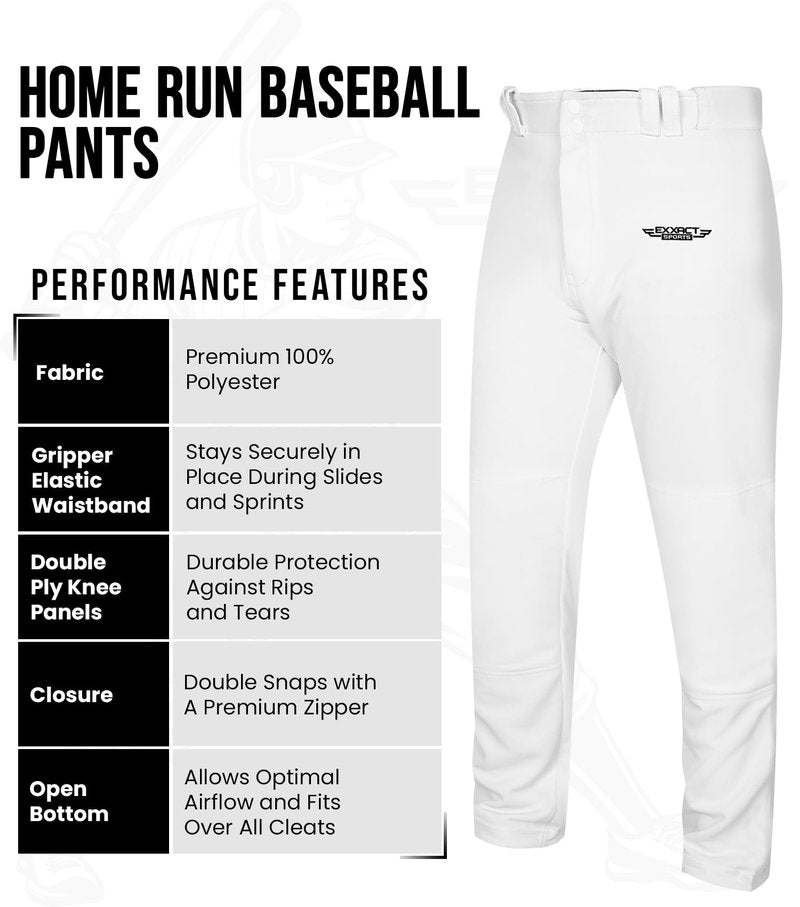 Exxact Sports Home Run Men's Baseball Pants - Full-Length, Semi-Relaxed Fit, Open-Bottom Adult Baseball Pants