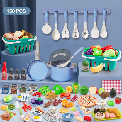 150Pcs Kitchen Playset, Toddlers Pretend Cooking Cookware Accessories, Food, Picnic Blanket, Fruits, Veges, 2Pack Shopping Storage Basket, Dessert and Prop Money, Gift for Kids (Blue)