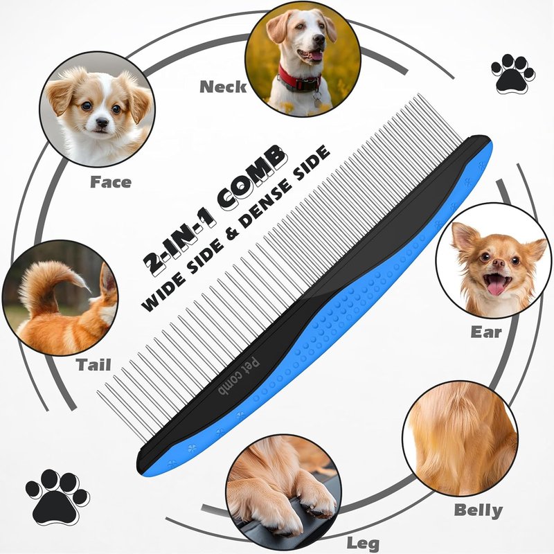 Pet Grooming Rake Set - Double-Sided Dematting Tool & Metal Comb for Cats and Dogs | Extra-Wide Deshedding Brush (Blue)