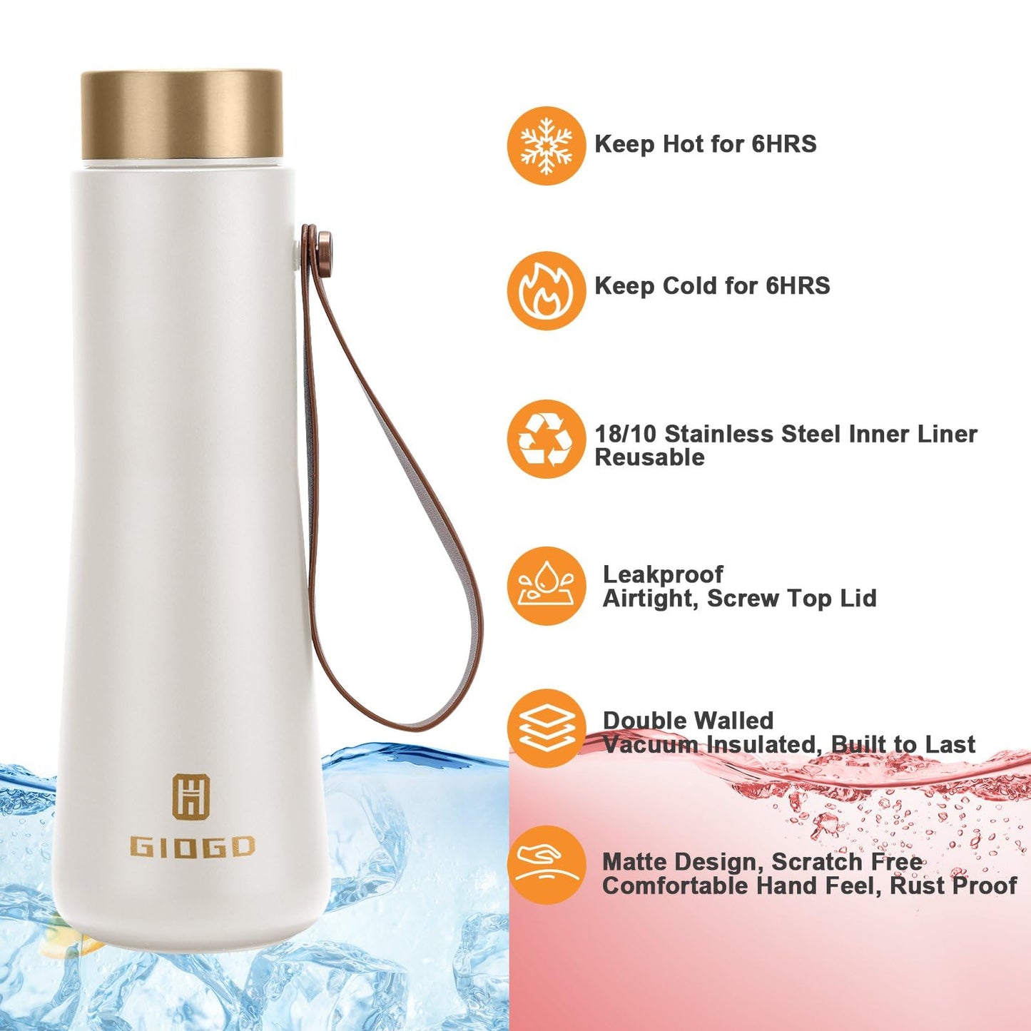 Stainless Steel Thermo Slim Water Bottles Insulated Vacuum 400ml/13.5oz Water Flask Thermal Water Bottles Thermo for Hot and Cold Drinks Coffee Water Perfect for Purse or Kids Lunch Bag(White)