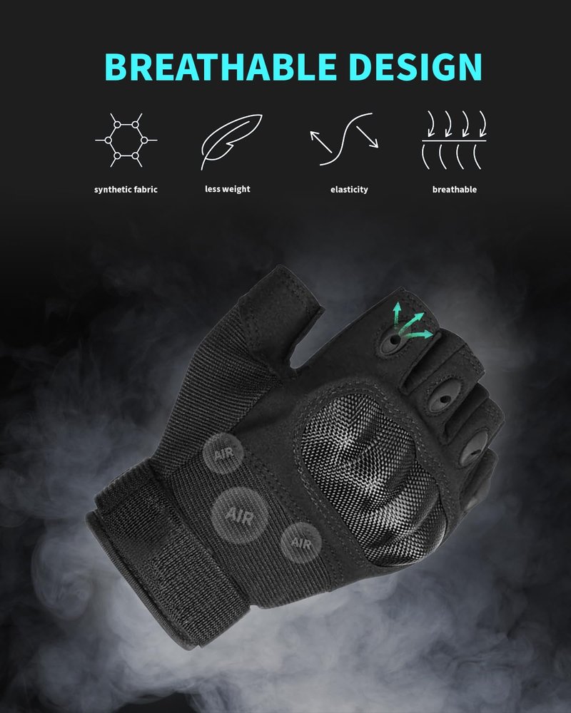 Liovoras Fingerless Tactical Gloves for Gym, Motorcycle Gloves Hard Shell Knuckle Protection Leather Palm, Workout Cycling Airsoft Shooting Hunting Hiking Driving