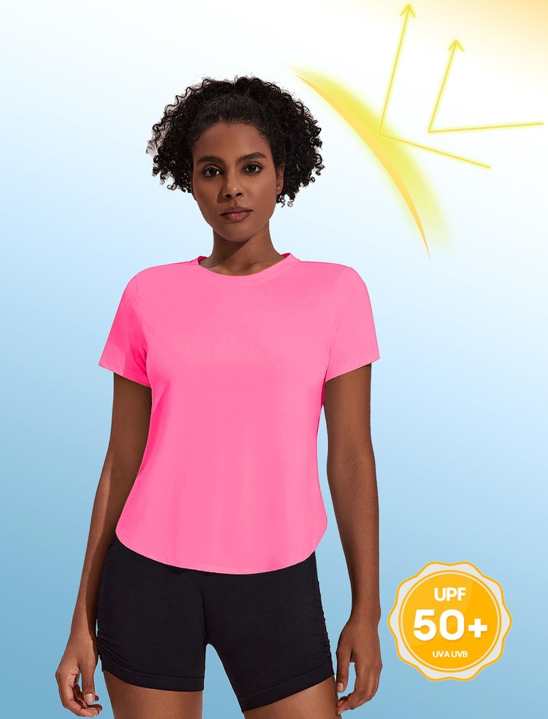 PINSPARK Workout Tops for Women Short Sleeve Workout Shirts Breathable Running Shirt Moisture Wicking Sun Shirt for Athletic Casual, Hot Pink Large