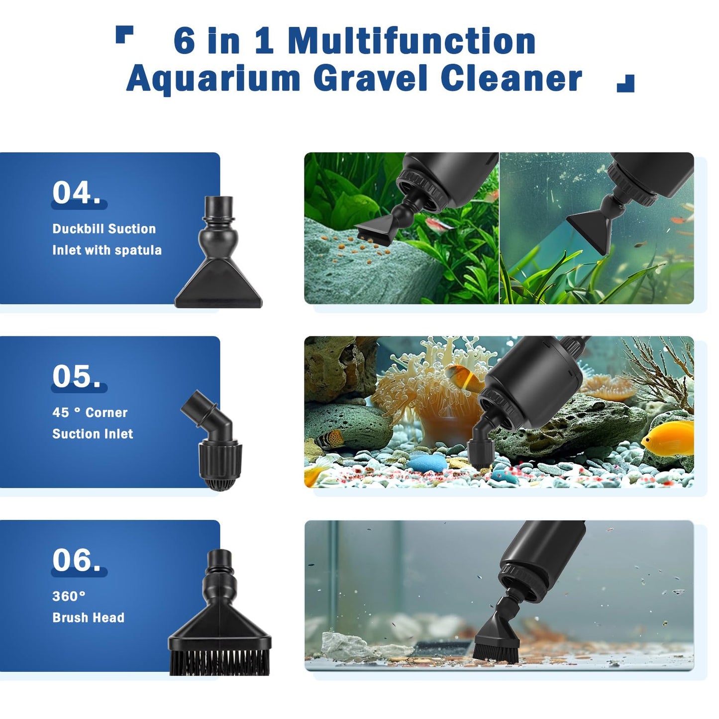 AQQA Aquarium Gravel Cleaner Kit, 6 in 1 Electric Fish Tank Vacuum Cleaning Tools Water Changer, Multifunction Wash Sand Filter Water Circulation 20W 320GPH 110V