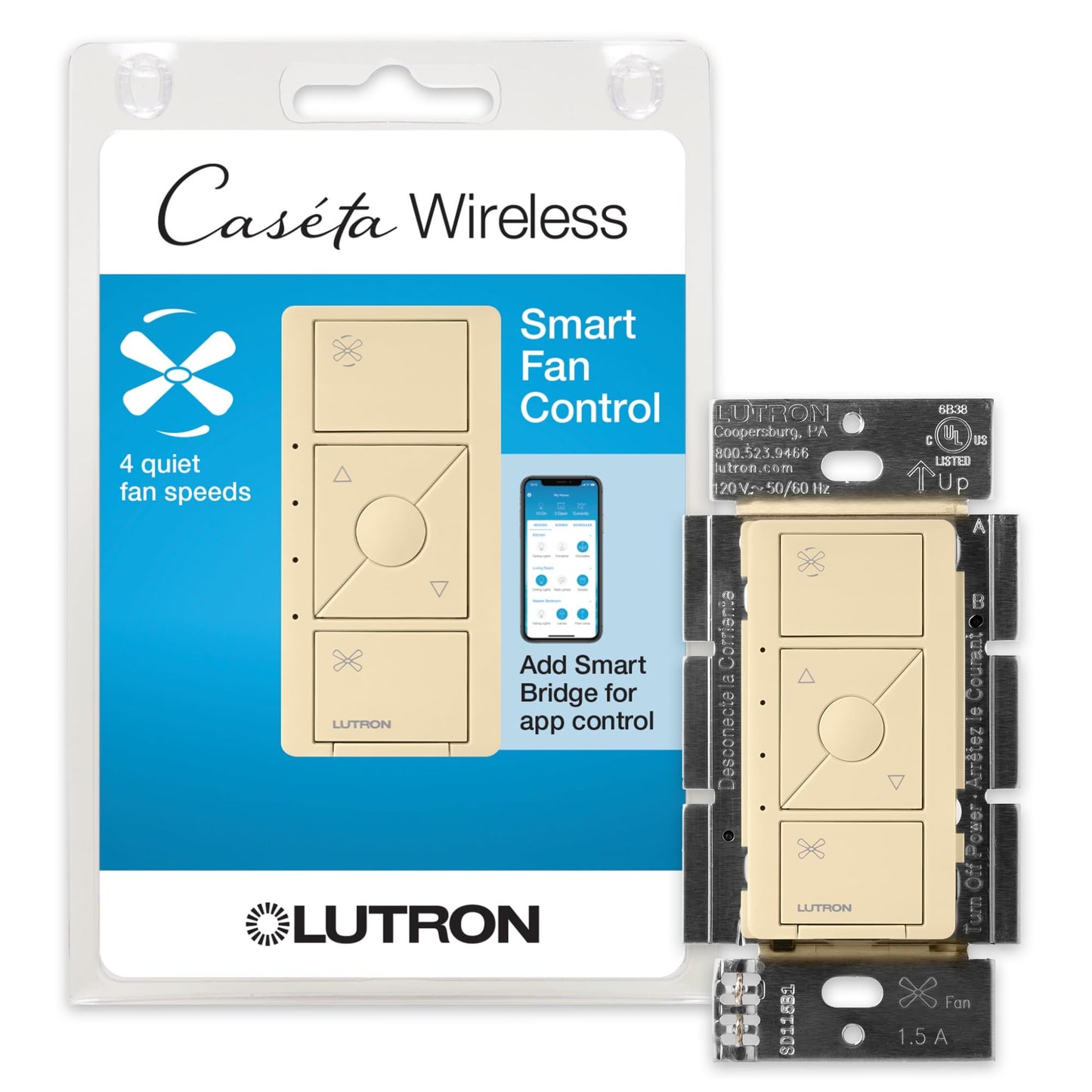 Lutron Caseta Smart Fan Speed Control Switch (Lutron Smart Hub Required), Single-Pole, PD-FSQN-WH, White