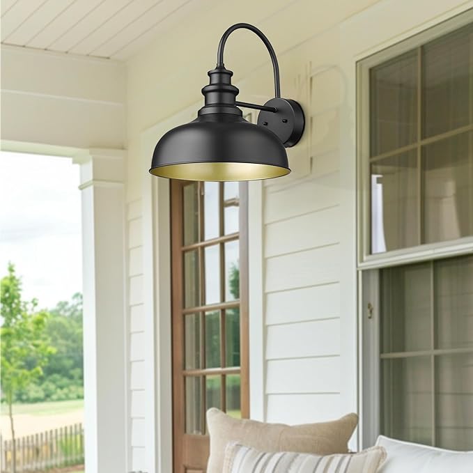 Bestshared Large Farmhouse Barn Lights 16 Inch Dome Outdoor Wall Lighting Fixture Industrial Gooseneck Sconces Exterior Mount Light, Black Outdoor Wall Lantern (1Pack, Black+ Gold)