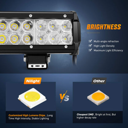 Nilight - ZH002 20Inch 126W Spot Flood Combo Off Road Led Light Bar 2PCS 18w 4Inch LED Pods With 16AWG Wiring Harness Kit-3 Lead For Tractor, 2 Years Warranty