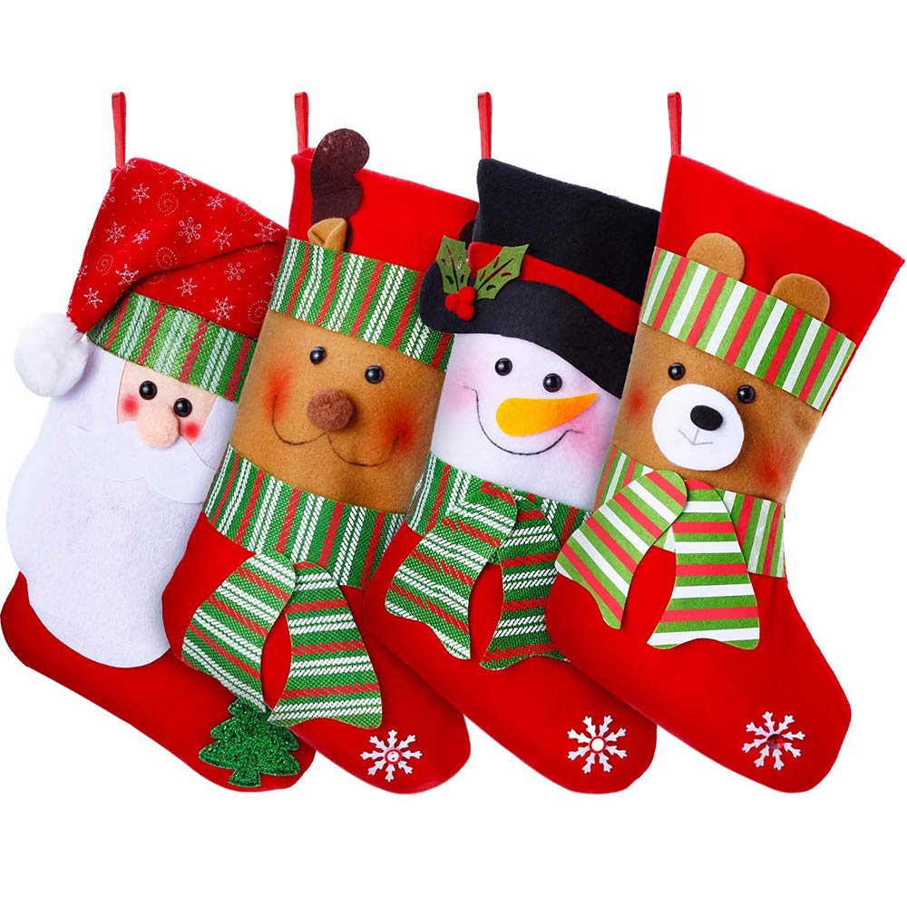 Lvydec 4 Pack Christmas Stockings, 15" Large Size Xmas Stocking Set with Christmas Snowman Santa Reindeer Bear Fireplace Decoration Gift & Candy Pouch Bag Ornaments