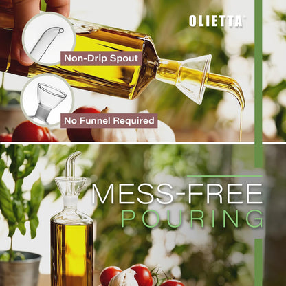 Olietta Olive Oil Dispenser Bottle Borosilicate Glass - 17 oz 500ml Non Drip Dispenser - Leak Proof Pourer Vinegar Drizzler Cruet - Easy Clean Drip Free Bottles for Kitchen
