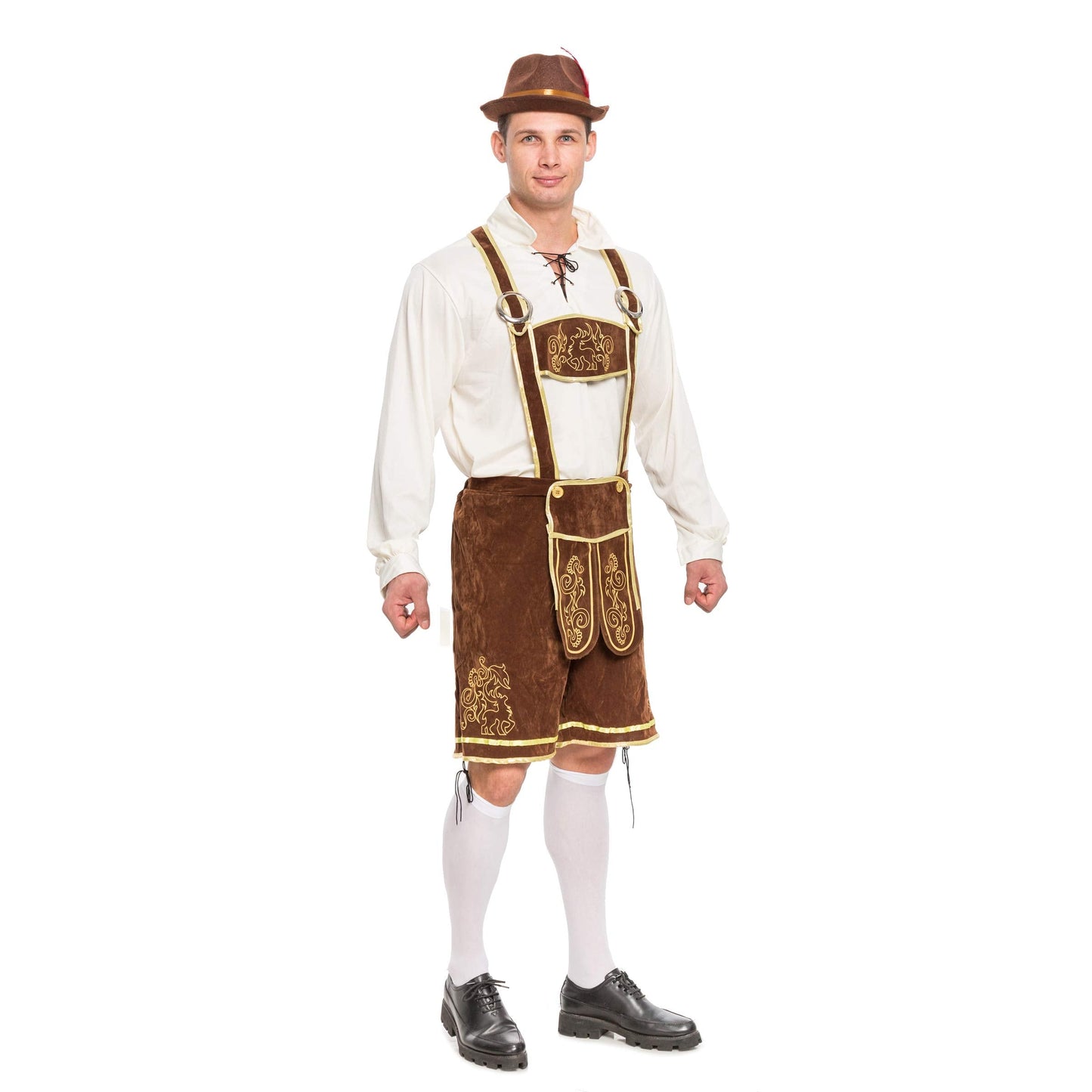 Spooktacular Creations Halloween Men Oktoberfest Costume Set, Lederhosen Men with German Bavarian Hat, Beer Costume, Adults Halloween Brown Outfit for Beer Festival Party (X-Large)