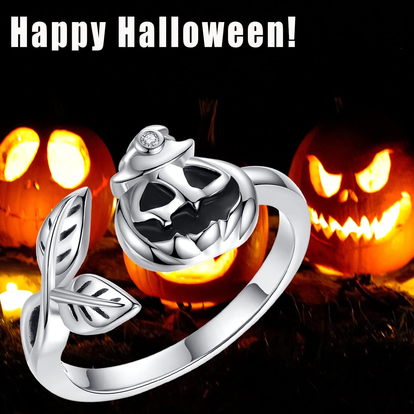 Halloween Pumpkin Jack Adjustable Ring Sterling Silver Halloween Jewelry Skull Wrap Finger Ring for Women