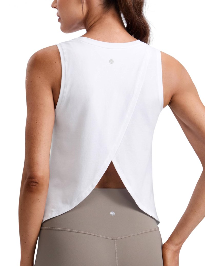 CRZ YOGA Cotton-Blend Split Open Back Tank Tops for Women - Workout Athletic Gym Casual Crewneck Sleeveless Shirts White Medium