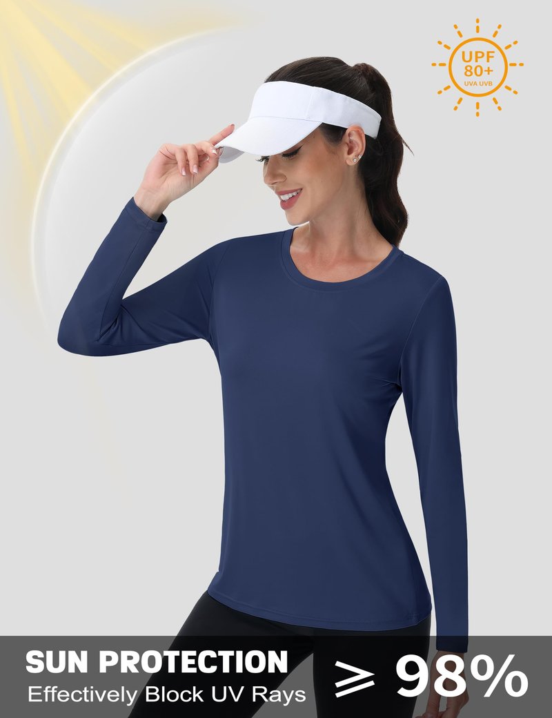 MAGCOMSEN SPF Shirts for Women Long Sleeve Quick Dry Lightweight T-Shirts Athletic Running Hiking Workout Tops Navy Blue M