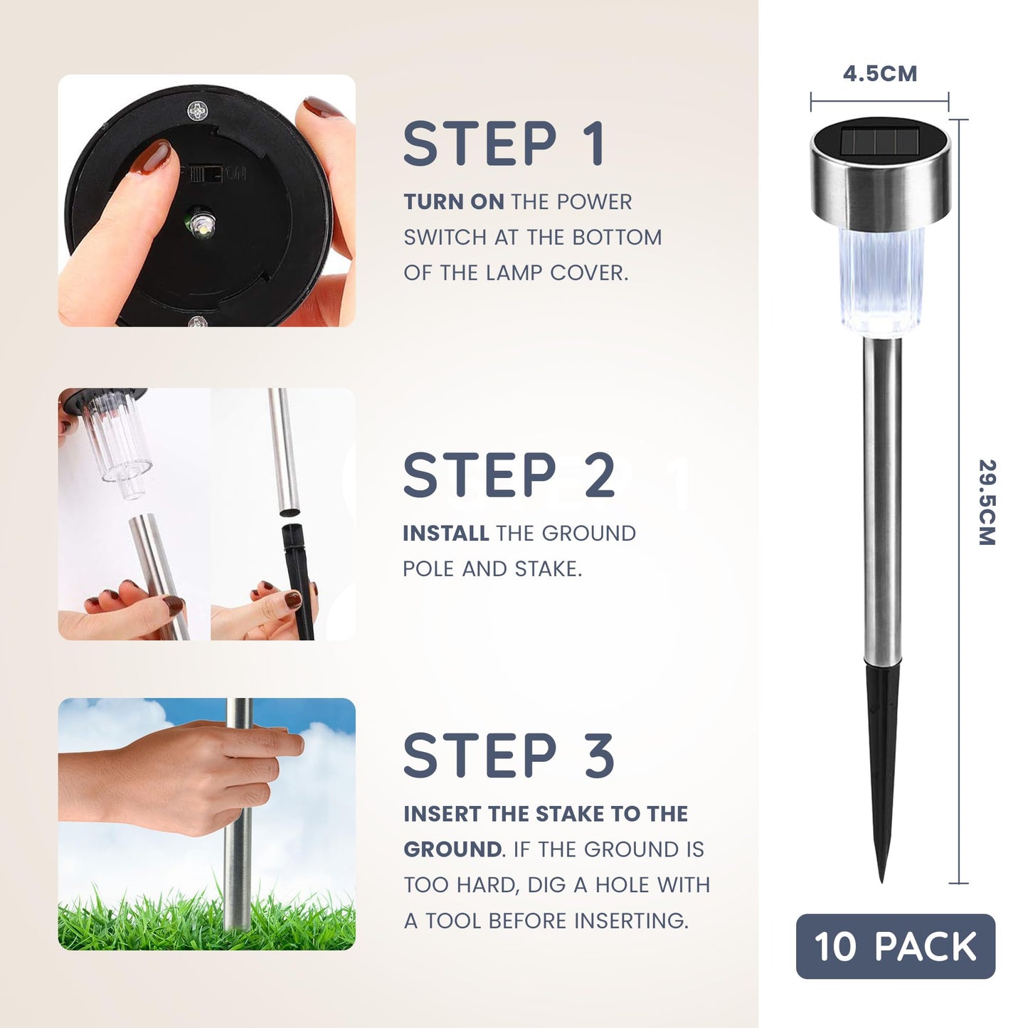 CUQOO Solar Garden Stake Lights – 10 Pack Colour-Changing LED, Weatherproof Stainless Steel Solar Lights for Outdoor Pathway Lighting – Rechargeable with Automatic Night Activation [Energy Class A+]
