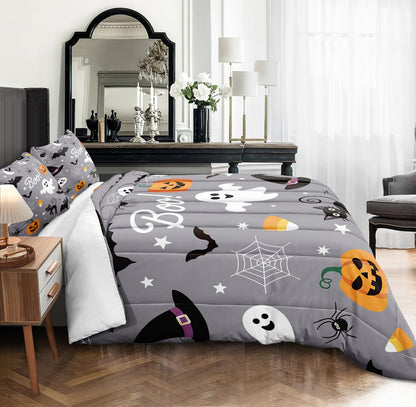 Merryword Halloween Bedding Comforter Set King Size Pumpkin Comforter Cute Pumpkin Ghost Pattern Cartoon Halloween Bedding Sets with 1 Cushion Cover (King, Cartoon)