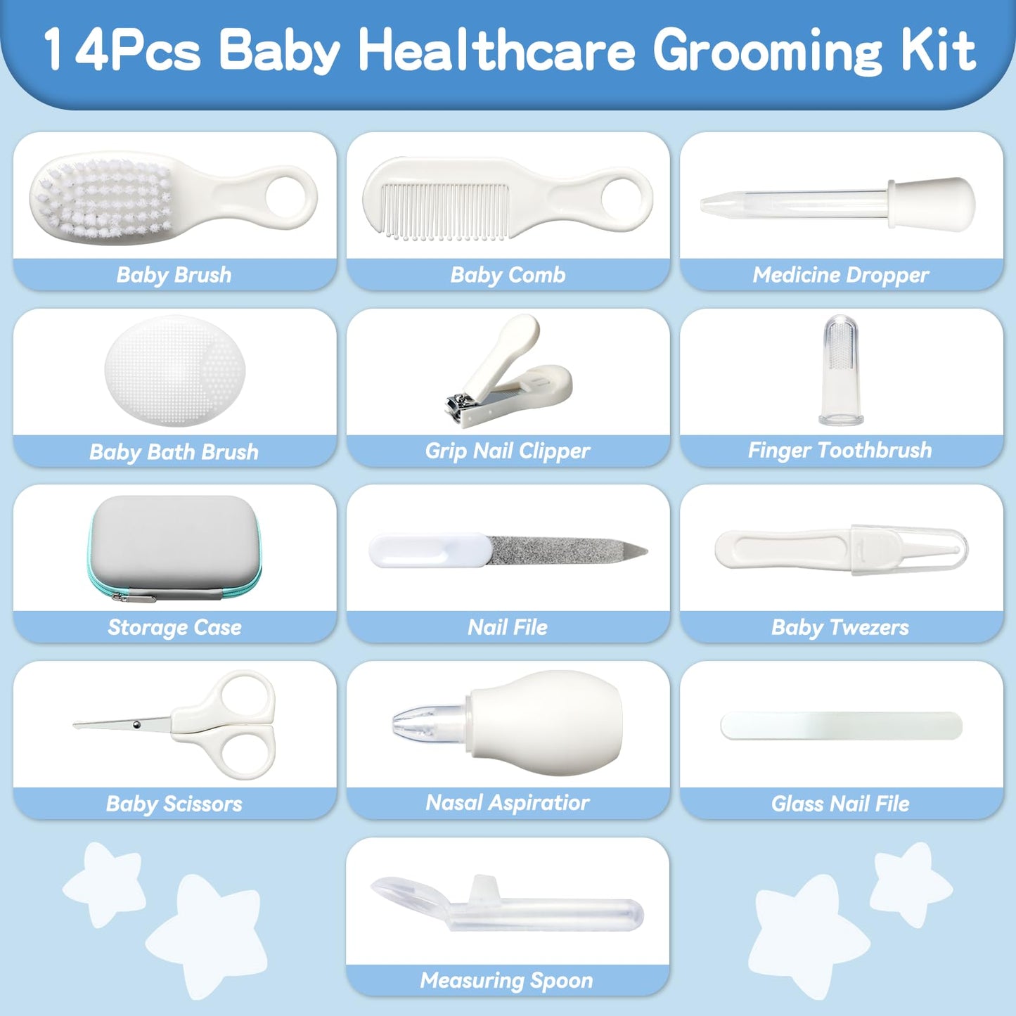 Baby Healthcare and Grooming Kit, 14 in 1 Baby Safety Set Newborn Nursery Health Care Set with Hair Brush Scale Nail Clippers for Baby Girls Boys (14 Kits Grey White)