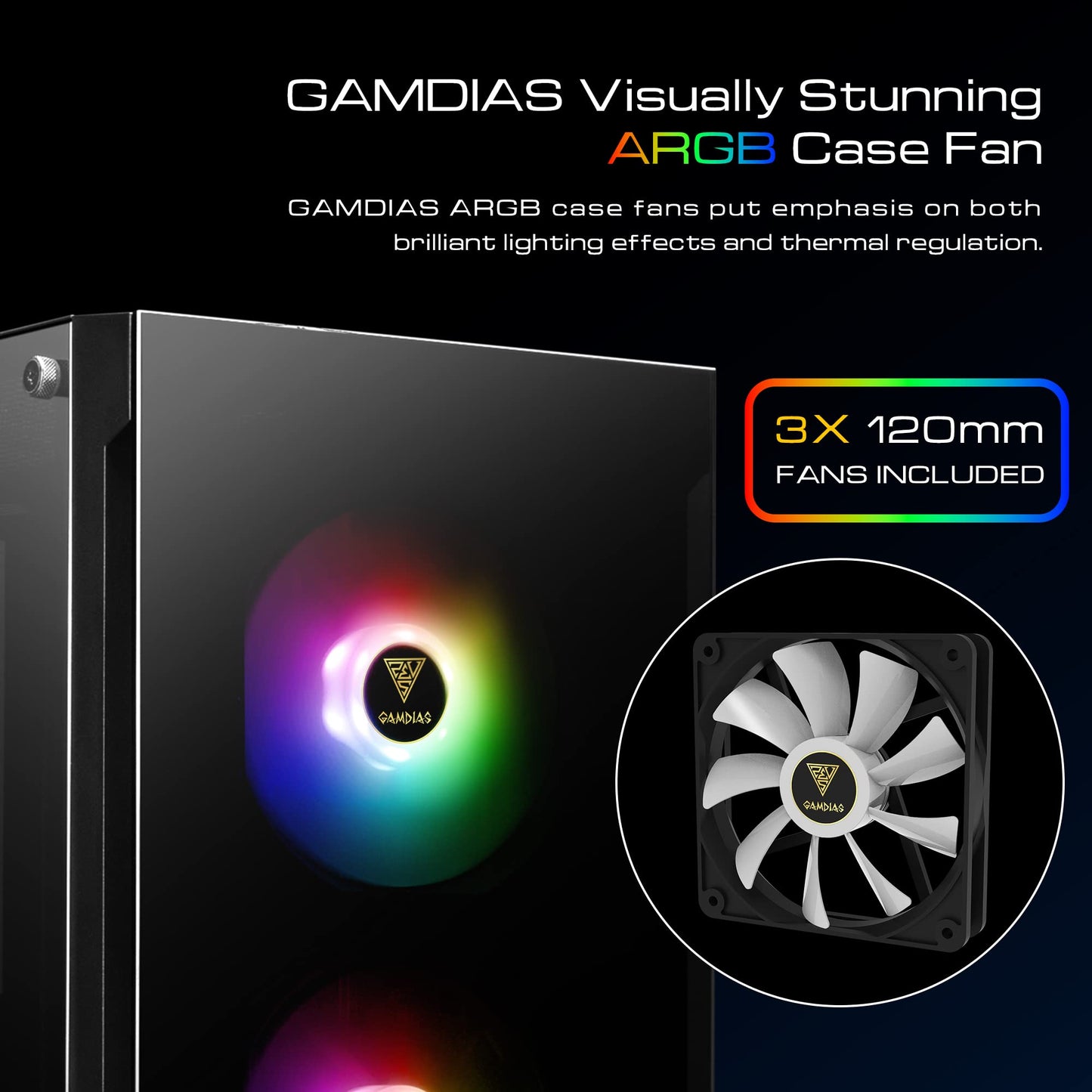 GAMDIAS TALOS E3 Gaming pc case, Mid-Tower ATX Case, Tempered Glass Panel, 3 Built-in 120mm ARGB Fans, Tool-Free Installation Tempered Glass Window, Supports Motherboards up to ATX, Power Cover Design