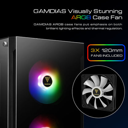 GAMDIAS TALOS E3 Gaming pc case, Mid-Tower ATX Case, Tempered Glass Panel, 3 Built-in 120mm ARGB Fans, Tool-Free Installation Tempered Glass Window, Supports Motherboards up to ATX, Power Cover Design