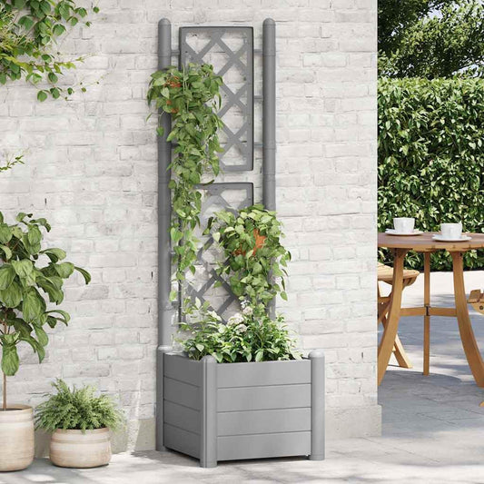 Large Square Garden Planter with Trellis, Stone Gray Polypropylene, Weather Resistant for Outdoor Patio Decor