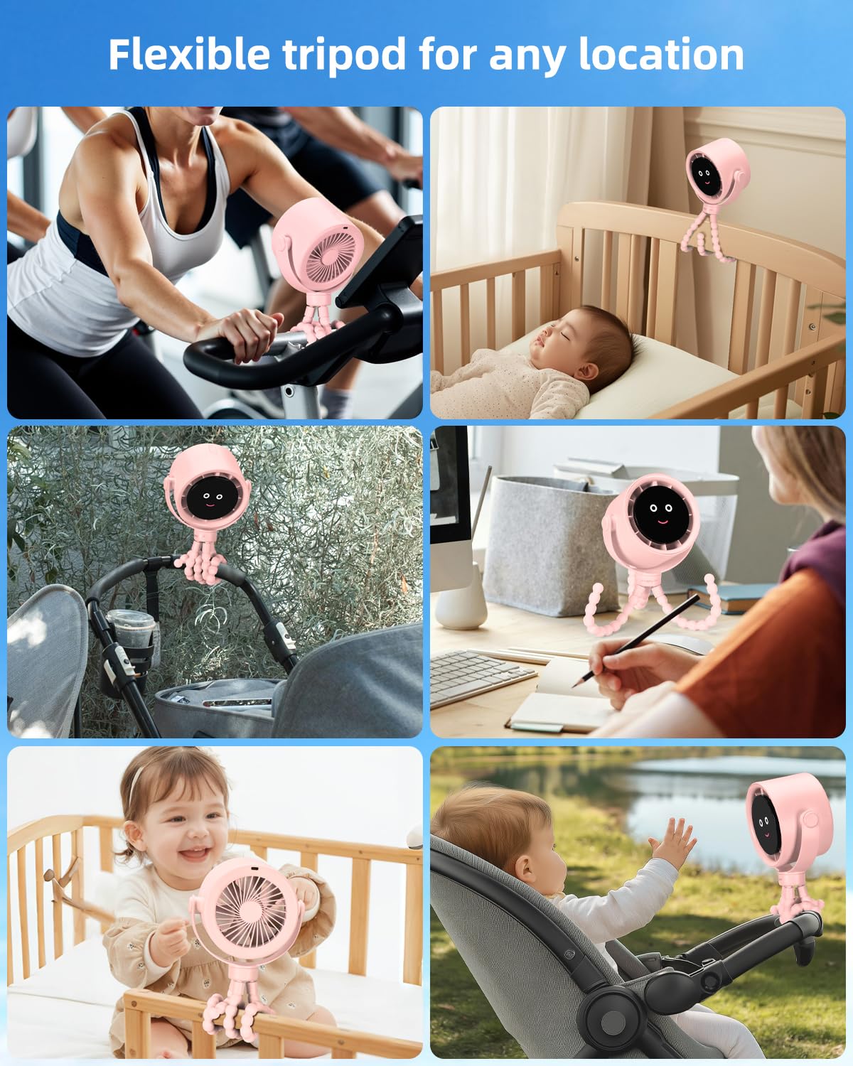 Akejrym Stroller Fan Portable, Personal Fan for Travel, Air Turbo Tech & Digital display, Detachable 5 Speeds Rechargeable 360° Rotate Flexible Tripod, For Home Office Stroller (Pink)
