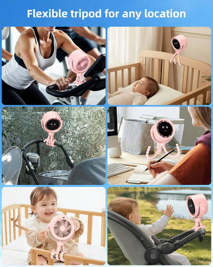 Akejrym Stroller Fan Portable, Personal Fan for Travel, Air Turbo Tech & Digital display, Detachable 5 Speeds Rechargeable 360° Rotate Flexible Tripod, For Home Office Stroller (Pink)