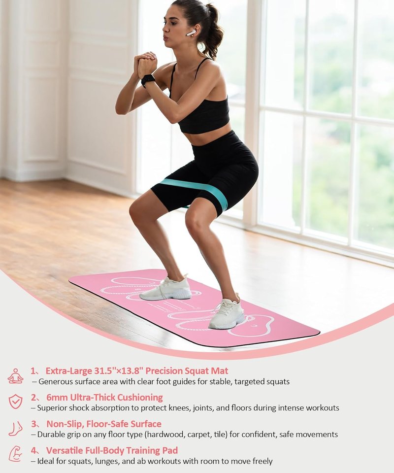 Non-Slip Squat Mat with Foot Positioning - Large 31.5'' x 13.8'' Exercise Pad for Squats & Leg Workouts