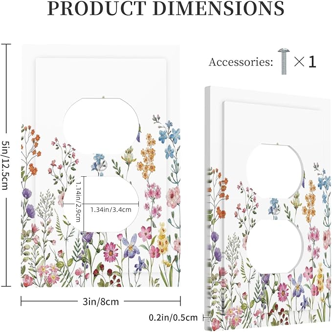 Rustic Wild Floral Vintage Watercolor Flower 1 Gang Duplex Receptacle Switch Wall Plate Decorative Switchplate Outlet Covers Electrical Plug Cover Faceplate for Bathroom Home Decor