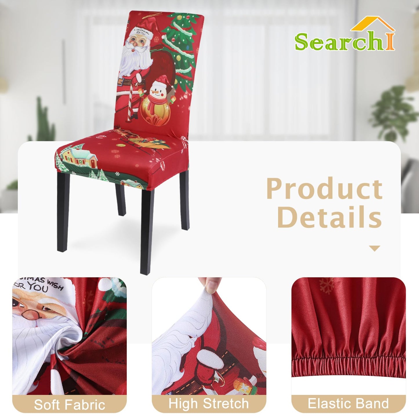 SearchI Christmas Dining Room Chair Covers Set of 6, Stretch Xmas Chair Slipcovers Protector, Spandex Washable Kitchen Parsons Chair Cover for Dining Room,Christmas Decor,Holiday Party(Santa Claus)
