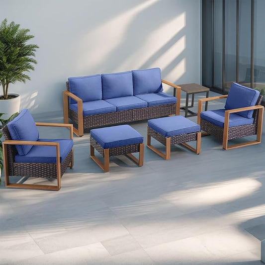 Rilyson Outdoor Wicker Patio Furniture Set - 6 Piece Patio Conversation Set with 2 Wicker Armrest Chairs,2 Rattan Ottoman,1 Side Table and 1 Couch,Sturdy Frame,Thick Cushions,Deep Seating(Brown/Blue)