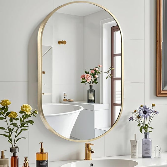17x30 inch Oval Bathroom Mirror, Gold Vanity Wall Mirror with Brushed Metal Frame, Oval Mirrors for Bathroom, Entryway, Over Sink, Living Room
