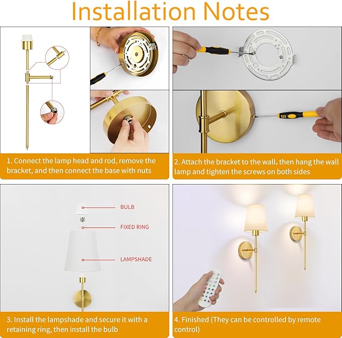 TISLYCO Battery Operated Wall Sconces Set of 2, Gold Rechargeable Wall Lamps with 2500mAh Magnet Detachable Dimmable Remote Bulbs,12 RGB Colors & 3 Color Temperatures Wireless Wall Lights for Bedroom