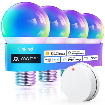 Linkind Matter Smart Light Bulb, WiFi Smart Bulbs, Work with Apple Home, Siri, Alexa, Google, SmartThings, RGBTW Color Changing Bulbs Mood Lighting, Music Sync, A19 E26 60W, 2.4Ghz WiFi 6 Pack